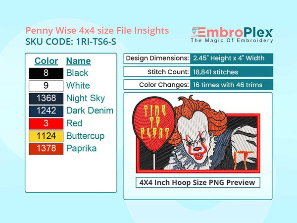 Anime-Inspired Pennywise Embroidery Design File - 4x4 Inch hoop Size Variation overview image