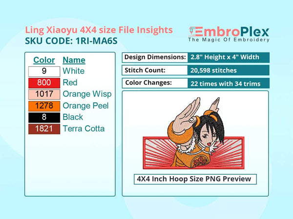 Anime-Inspired Ling Xiaoyu Embroidery Design File - 4x4 Inch hoop Size Variation overview image