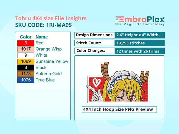 Anime-Inspired Tohru Embroidery Design File - 4x4 Inch hoop Size Variation overview image