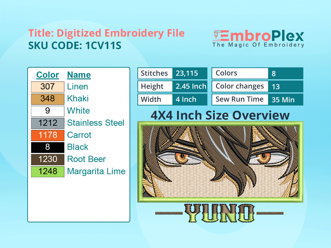 Anime-Inspired Yuno Embroidery Design File - 4x4 Inch hoop Size Variation overview image