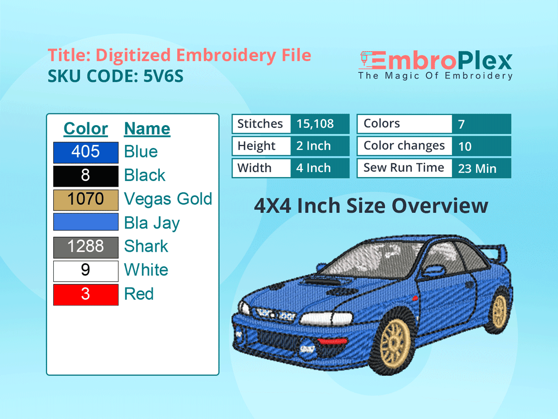 Car -Inspired  Subaru Legacy Embroidery Design File - 4x4 Inch hoop Size Variation overview image