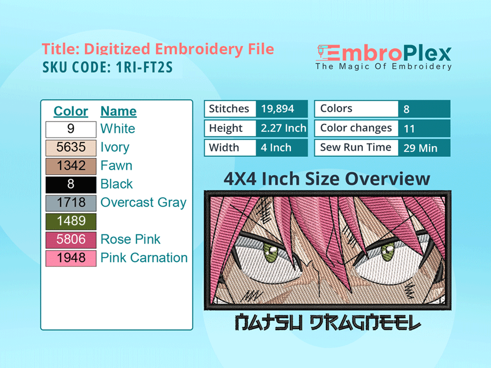 Anime-Inspired Natsu Dragneel Embroidery Design File - 4x4 Inch hoop Size Variation overview image