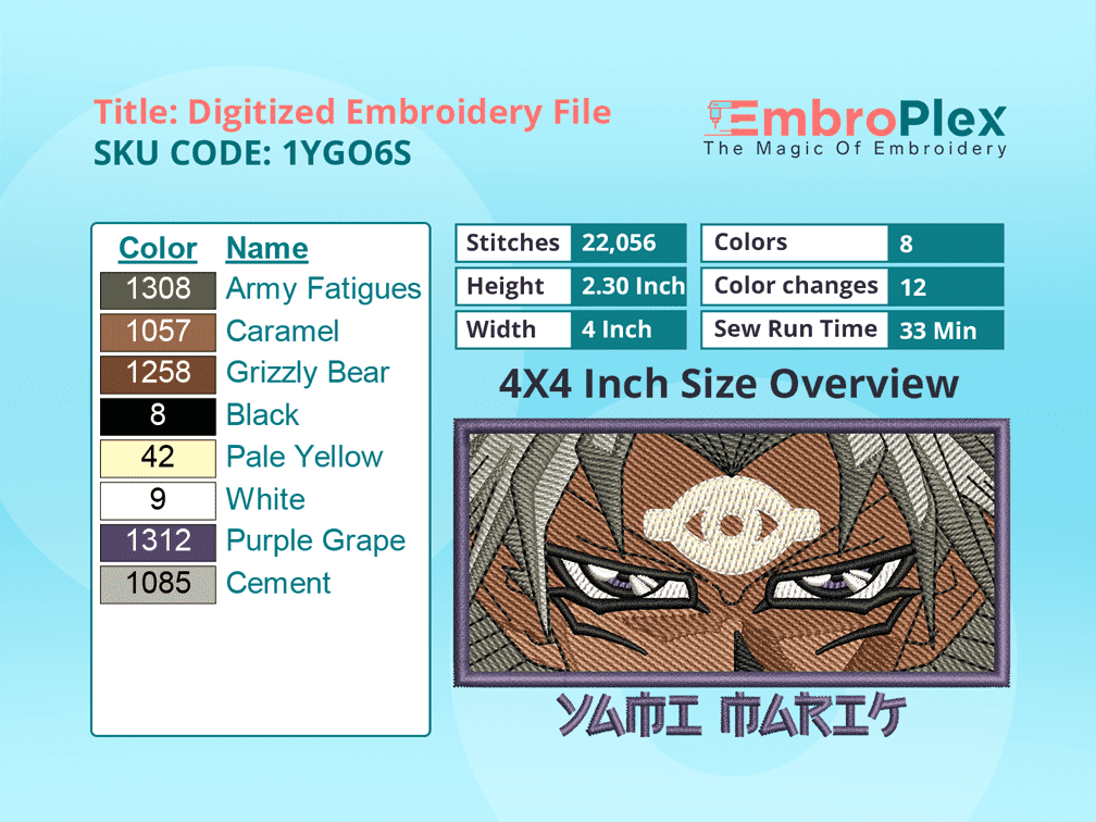 Anime-Inspired Yami Marik Embroidery Design File - 4x4 Inch hoop Size Variation overview image