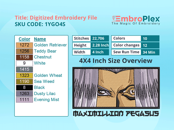  Anime-Inspired Maximillion Pegasus Embroidery Design File - 4x4 Inch hoop Size Variation overview image