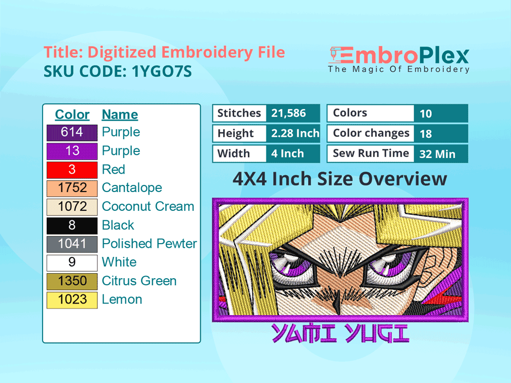 Anime-Inspired Yugi Mutou Embroidery Design File - 4x4 Inch hoop Size Variation overview image