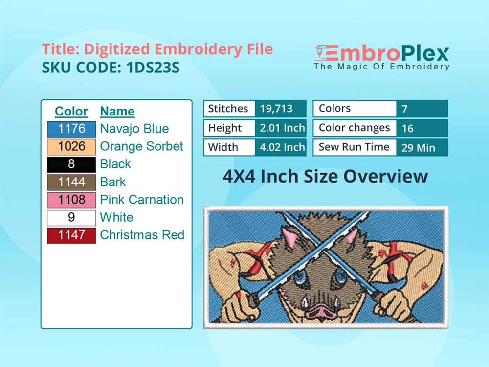 Anime-Inspired Inosuke Hashibira Embroidery Design File - 4x4 Inch hoop Size Variation overview image