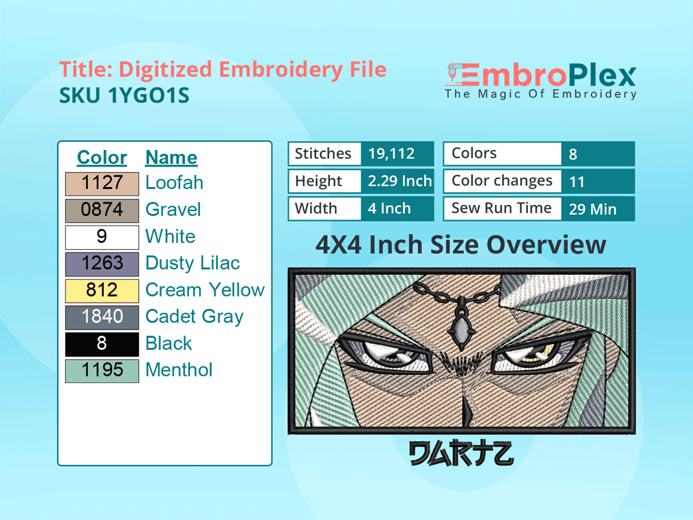 Anime-Inspired Dartz Embroidery Design File - 4x4 Inch hoop Size Variation overview image