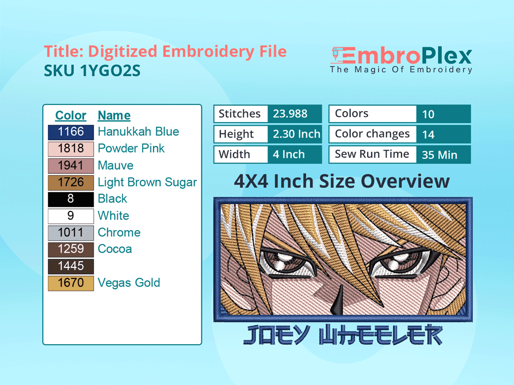 Anime-Inspired Joey Wheeler Embroidery Design File - 4x4 Inch hoop Size Variation overview image