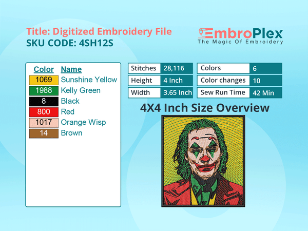 Super Hero-Inspired    Joker Embroidery Design File - 4x4 Inch hoop Size Variation overview image