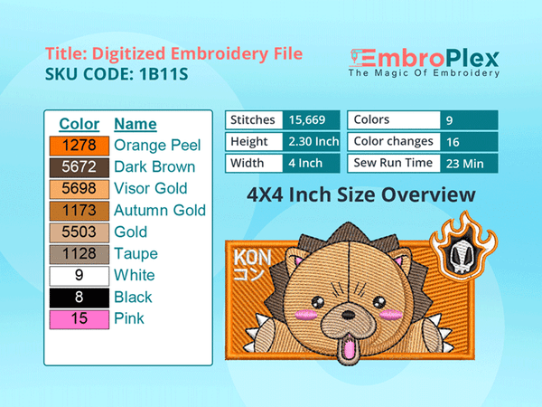 Anime-Inspired Kon Embroidery Design File - 4x4 Inch hoop Size Variation overview image