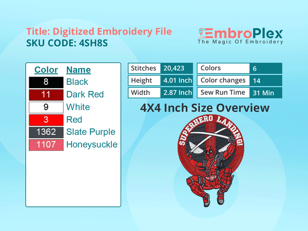 Super Hero-Inspired  DeadPool Embroidery Design File - 4x4 Inch hoop Size Variation overview image