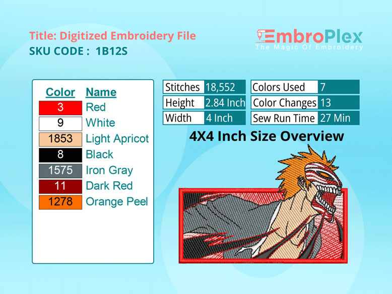 Anime-Inspired Ichigo-Kurosaki Embroidery Design File - 4x4 Inch hoop Size Variation overview image