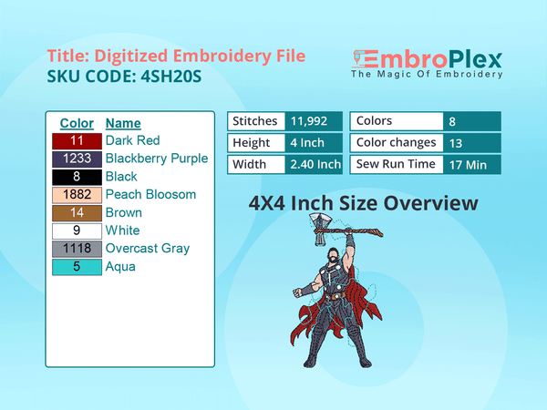 Super Hero-Inspired  Thor Embroidery Design File - 4x4 Inch hoop Size Variation overview image