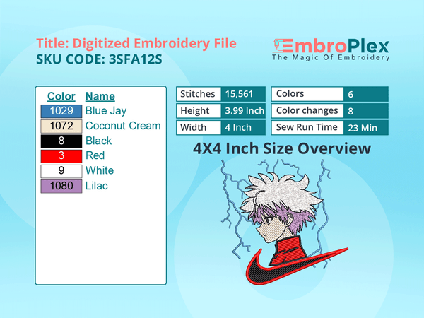 Killua Embroidery Design File - 4x4 Inch hoop Size Variation overview image