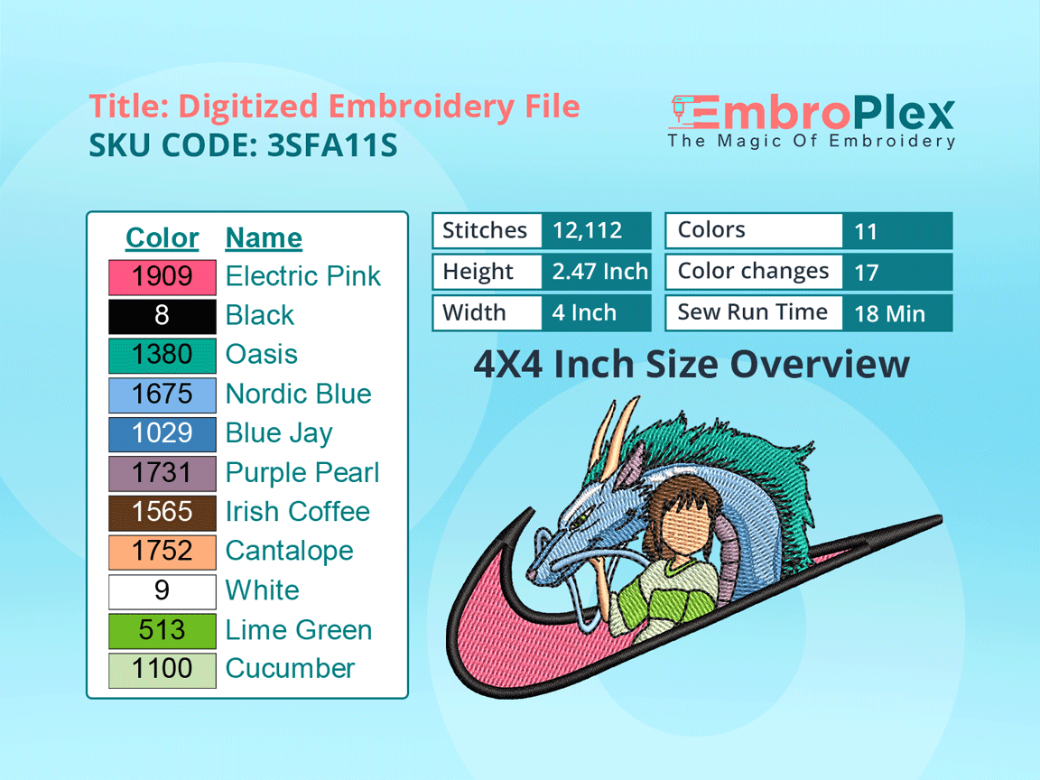 Chihiro & Haku Embroidery Design File - 4x4 Inch hoop Size Variation overview image