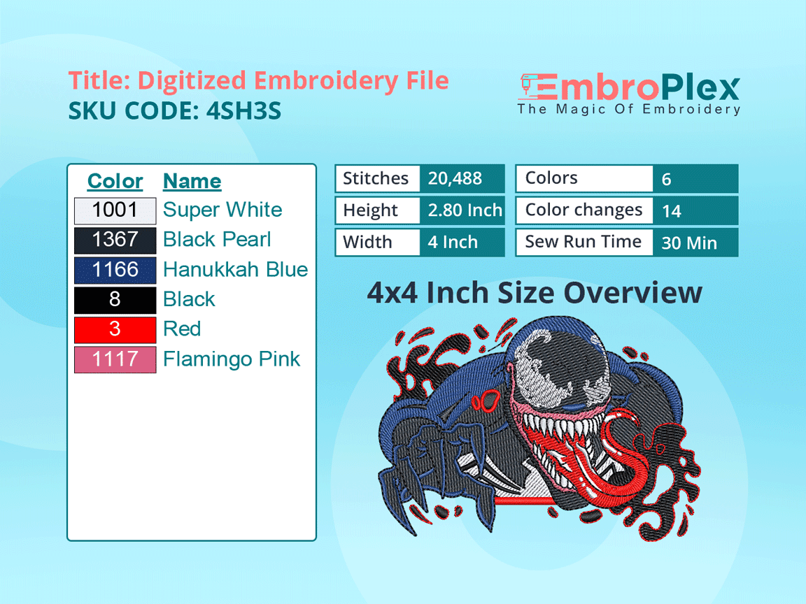 Super Hero-Inspired Venom Embroidery Design File - 4x4 Inch hoop Size Variation overview image