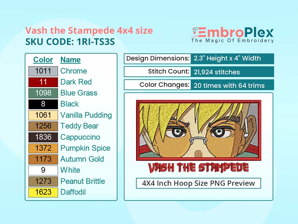 Anime-Inspired Vash the Stampede Embroidery Design File - 4x4 Inch hoop Size Variation overview image