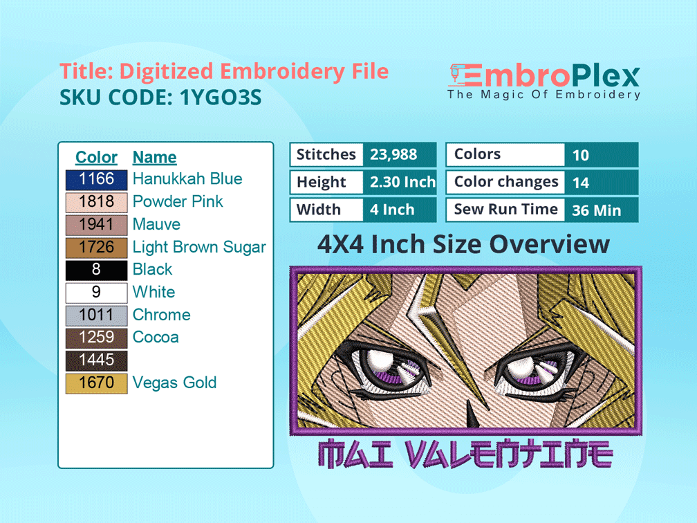 Anime-Inspired Mai Valentine Embroidery Design File - 4x4 Inch hoop Size Variation overview image