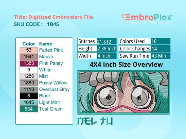 Anime-Inspired Nel tu Embroidery Design File - 4x4 Inch hoop Size Variation overview image