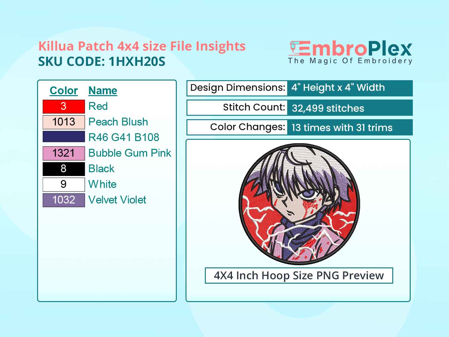 Anime-Inspired Killua Patch Embroidery Design File - 4x4 Inch hoop Size Variation overview image