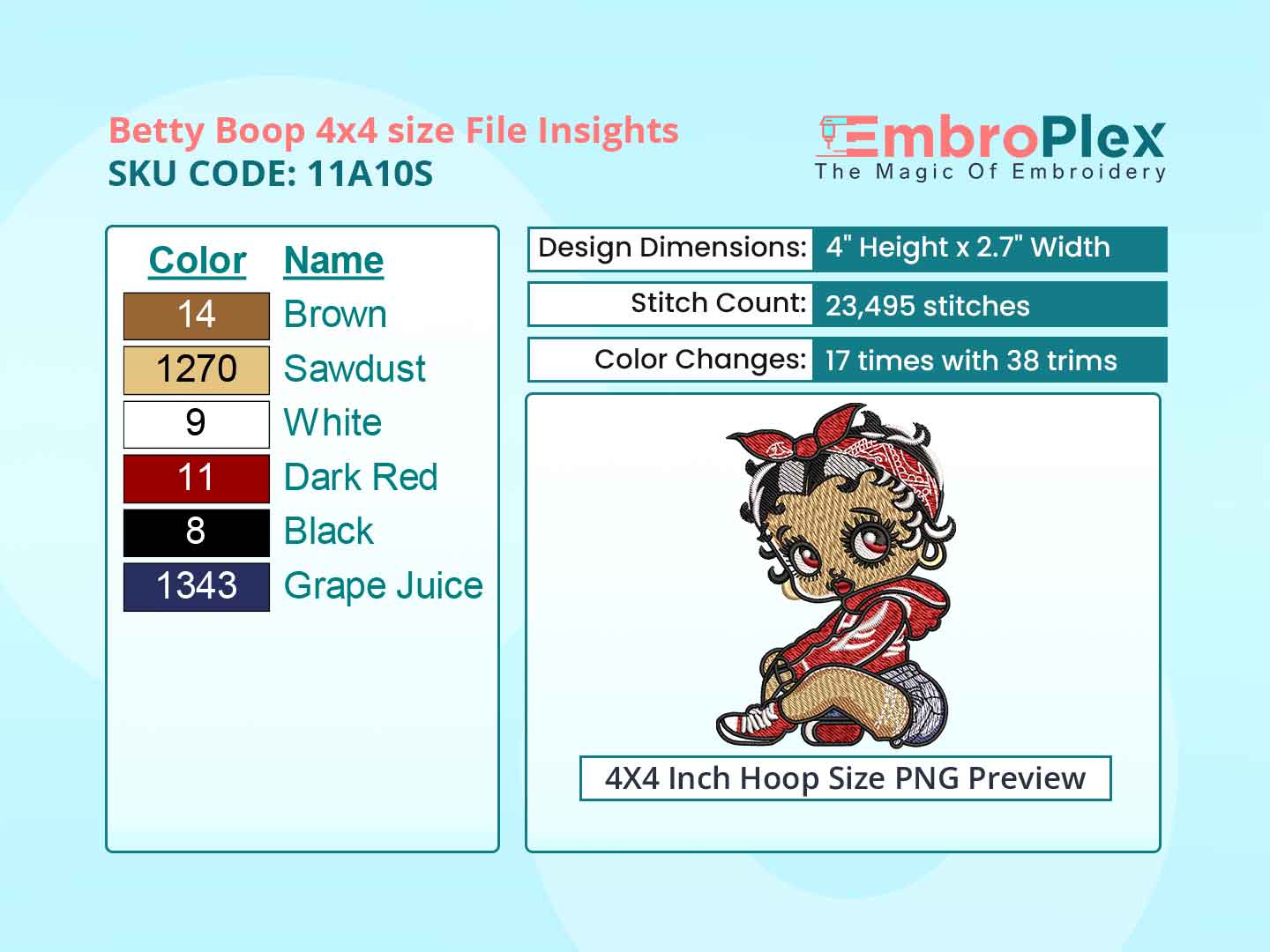 Cartoon Betty Boop Embroidery Design File - 4x4 Inch hoop Size Variation overview image