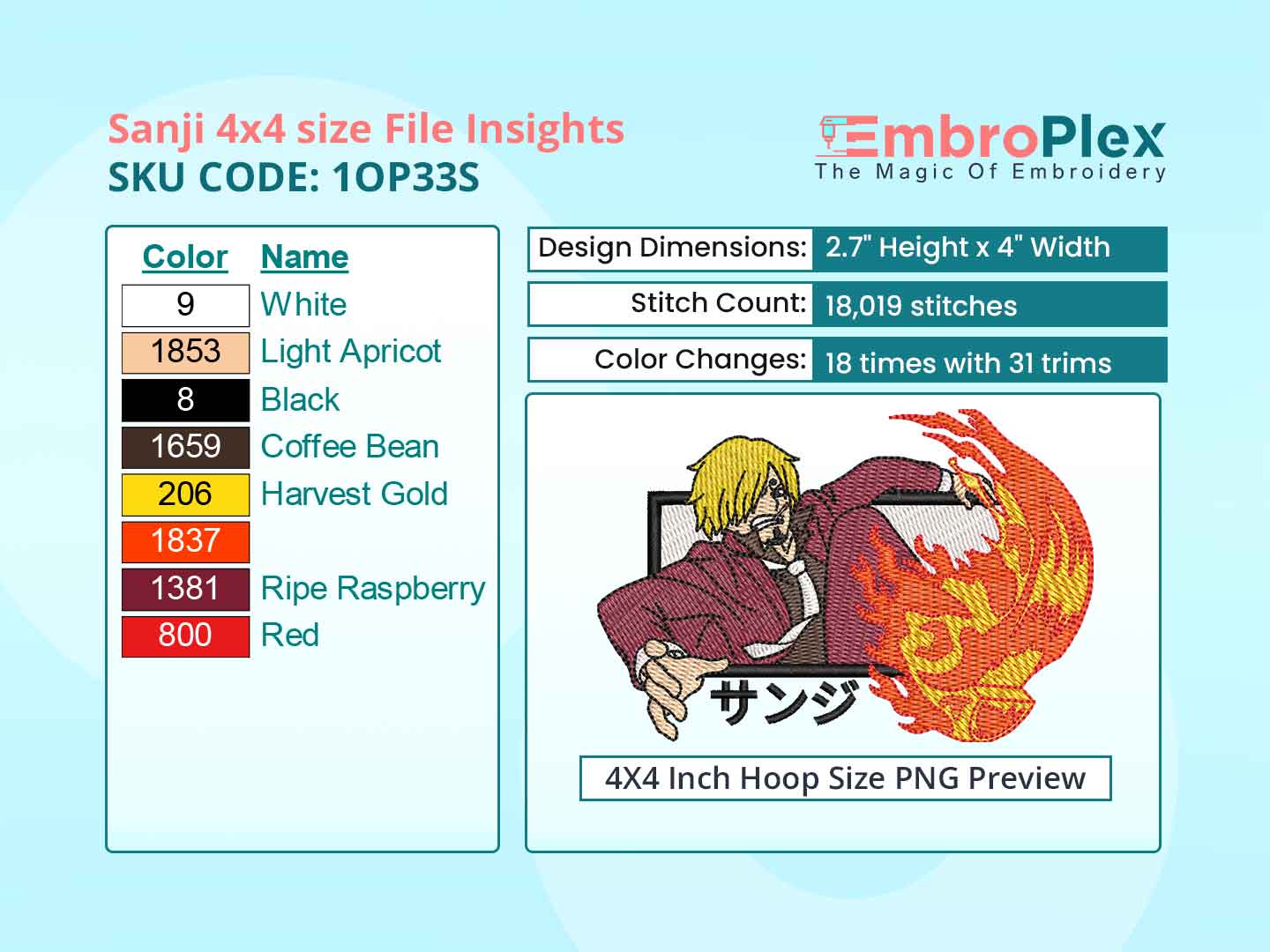 Anime-Inspired Sanji Embroidery Design File - 4x4 Inch hoop Size Variation overview image