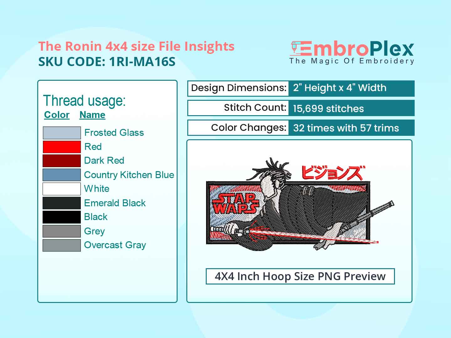 Anime-Inspired The Ronin Embroidery Design File - 4x4 Inch hoop Size Variation overview image