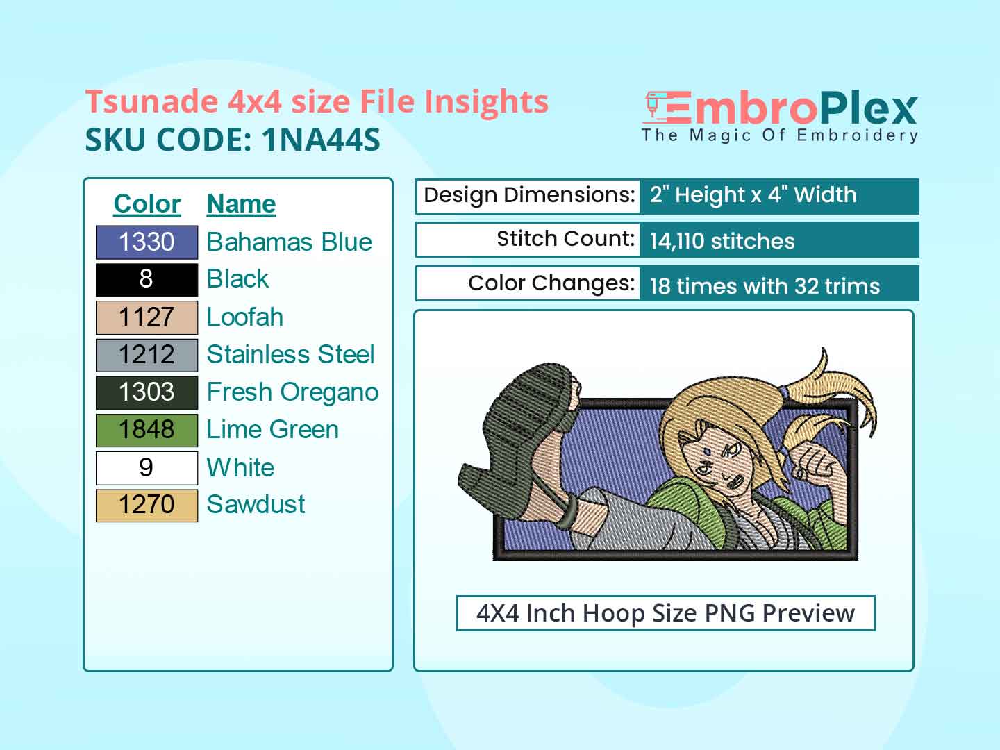 Anime-Inspired Tsunade Embroidery Design File - 4x4 Inch hoop Size Variation overview image