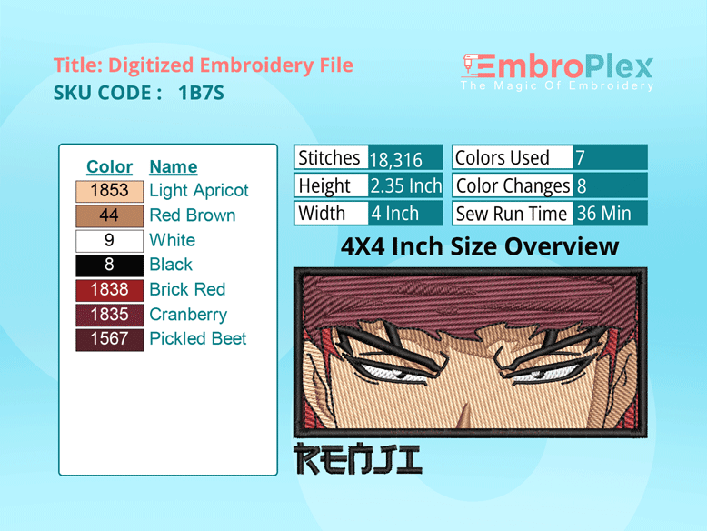Anime-Inspired Renji Abara Embroidery Design File - 4x4 Inch hoop Size Variation overview image