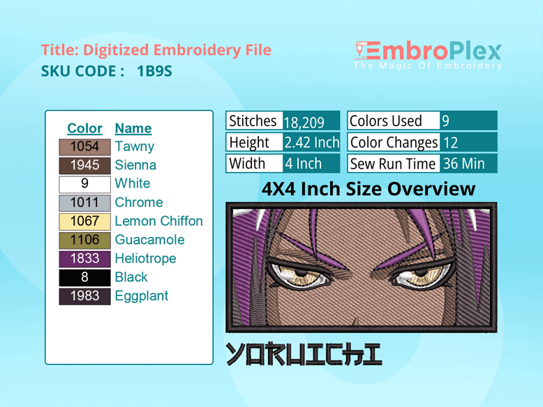 Anime-Inspired Yoruichi Shihouin Embroidery Design File - 4x4 Inch hoop Size Variation overview image