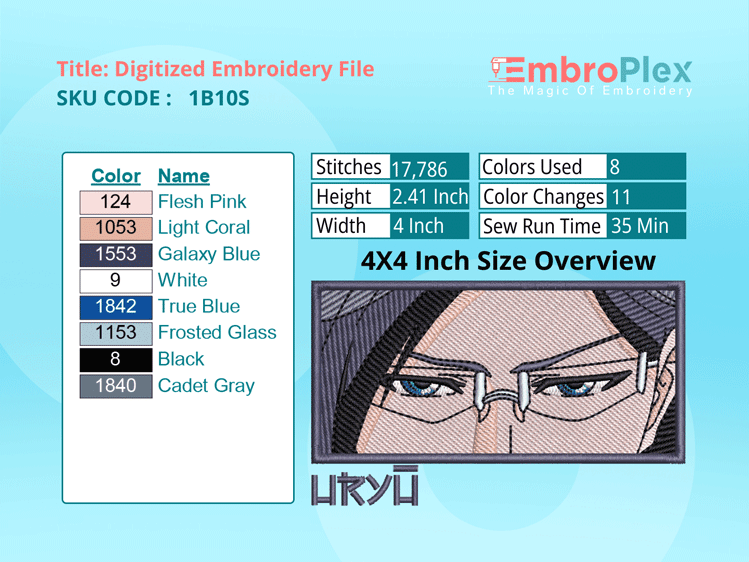 Anime-Inspired Uryu Ishida Embroidery Design File - 4x4 Inch hoop Size Variation overview image