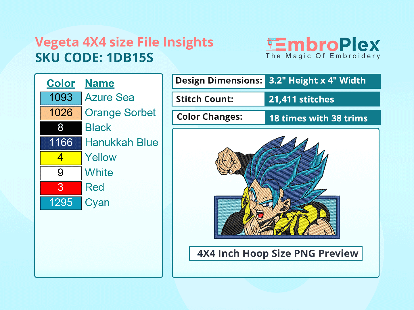 Anime-Inspired Vegeta Embroidery Design File - 4x4 Inch hoop Size Variation overview image