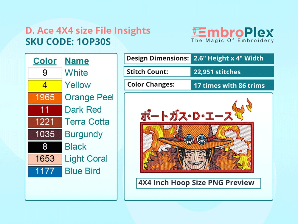Anime-Inspired D. Ace Embroidery Design File - 4x4 Inch hoop Size Variation overview image