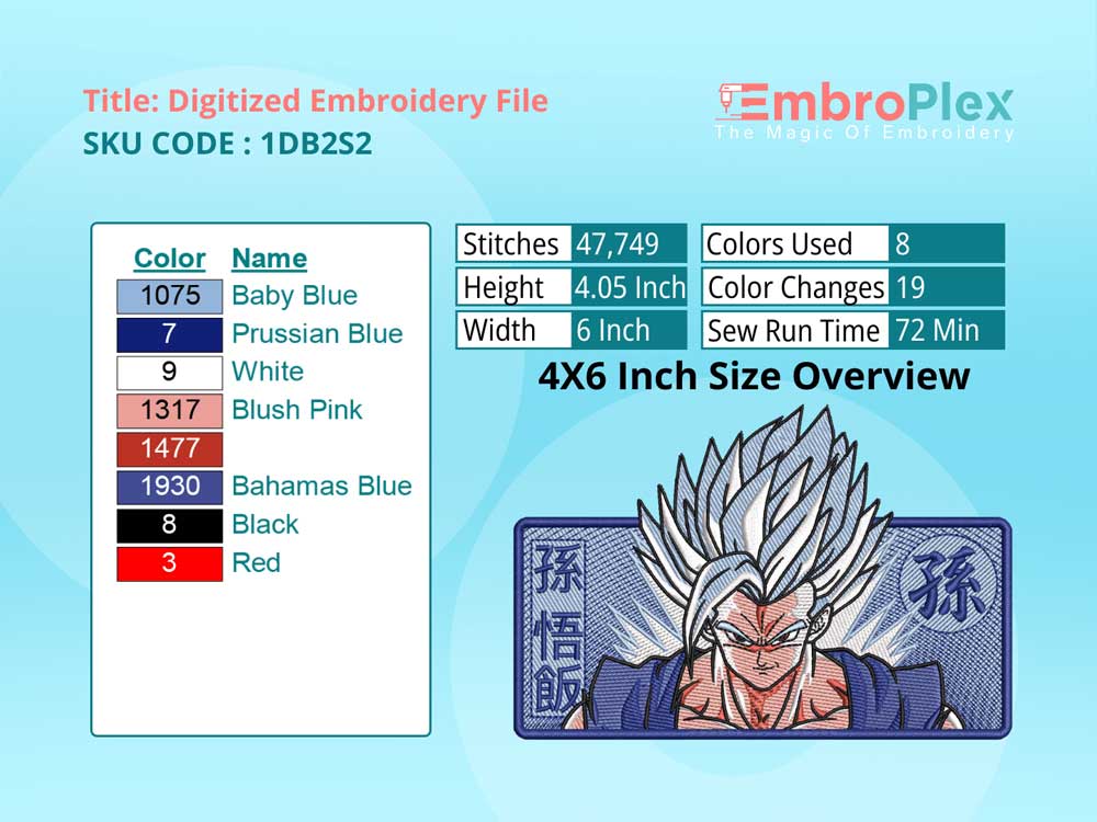 Anime-Inspired Gohan Embroidery Design File - 4x6 Inch hoop Size Variation overview image