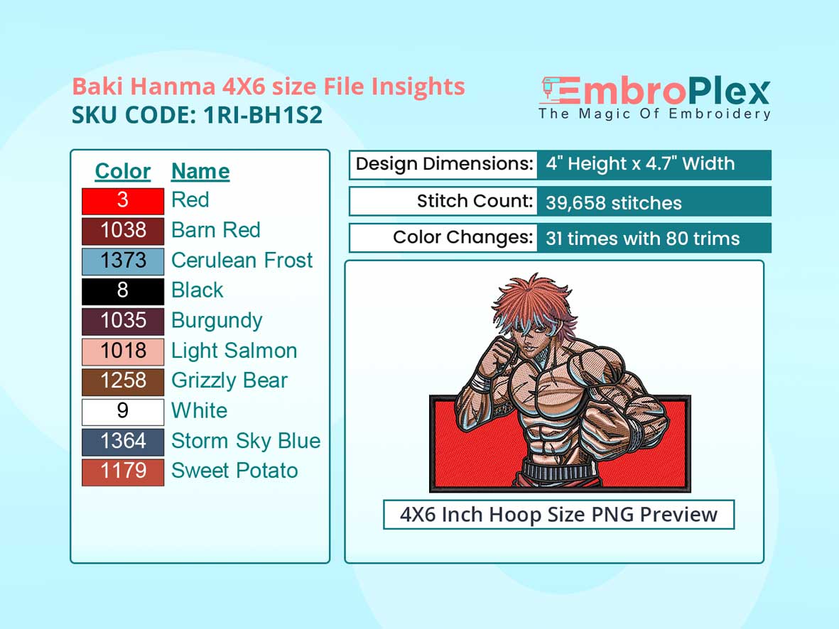 Anime-Inspired Baki Hanma Embroidery Design File - 4x6 Inch hoop Size Variation overview image
