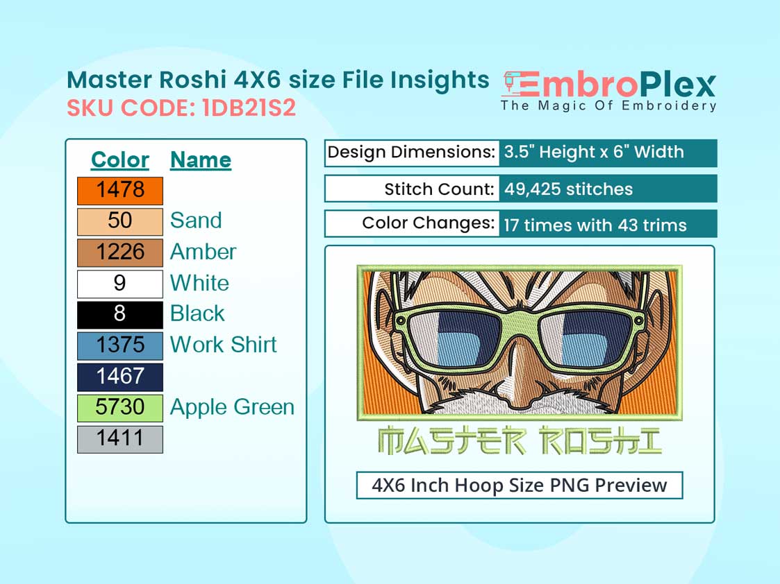 Anime-Inspired Master Roshi Embroidery Design File - 4x6 Inch hoop Size Variation overview image