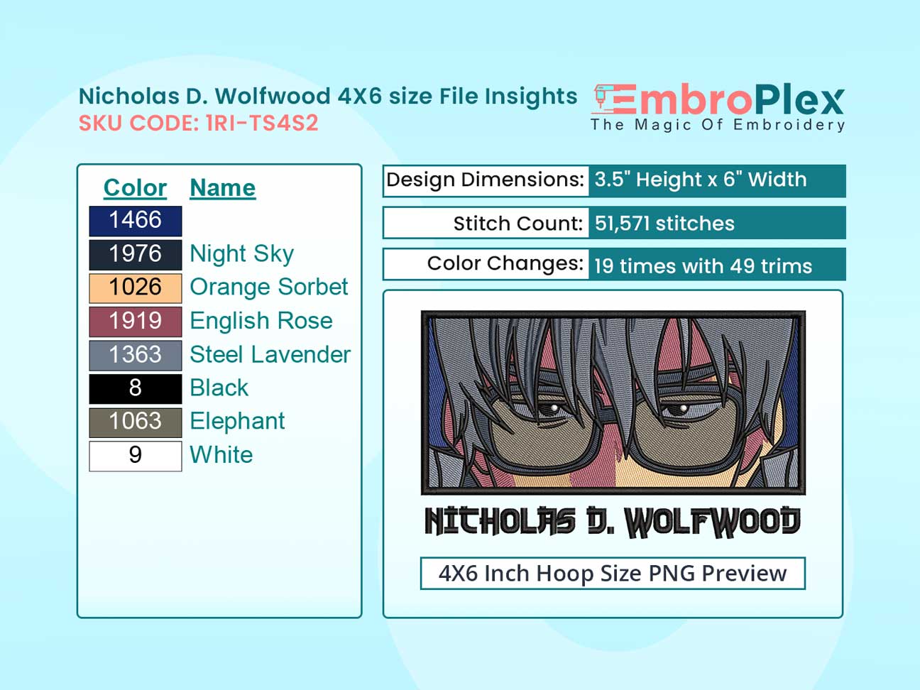 Anime-Inspired Nicholas D. Wolfwood Embroidery Design File - 4x6 Inch hoop Size Variation overview image