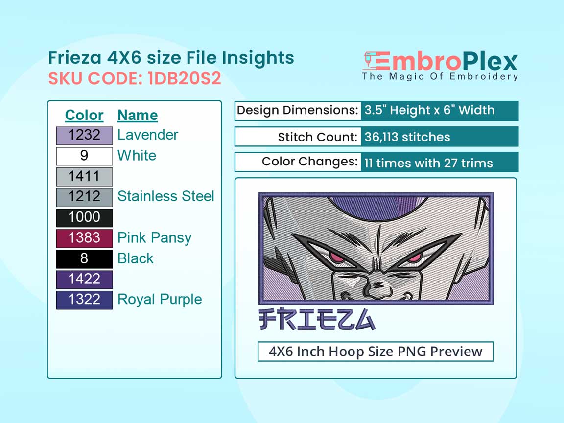 Anime-Inspired Frieza Embroidery Design File - 4x6 Inch hoop Size Variation overview image