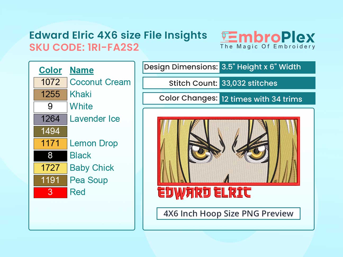 Anime-Inspired Edward Elric Embroidery Design File - 4x6 Inch hoop Size Variation overview image