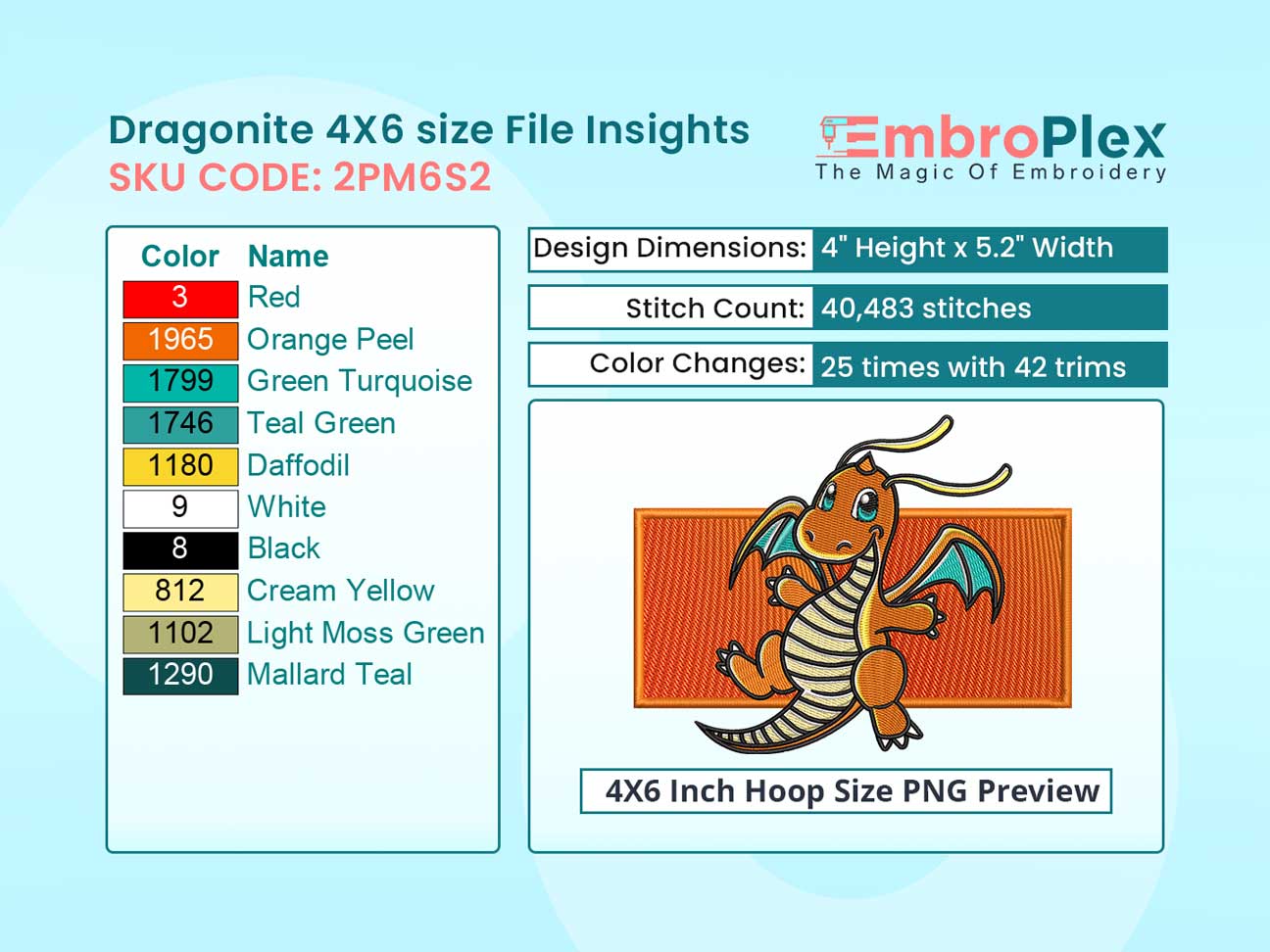 Anime-Inspired Dragonite Embroidery Design File - 4x6 Inch hoop Size Variation overview image