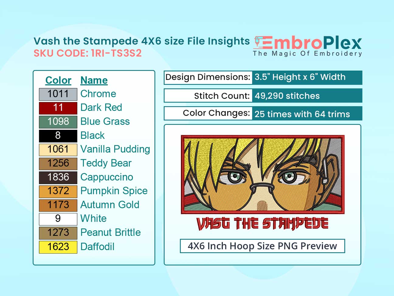 Anime-Inspired Vash the Stampede Embroidery Design File - 4x6 Inch hoop Size Variation overview image