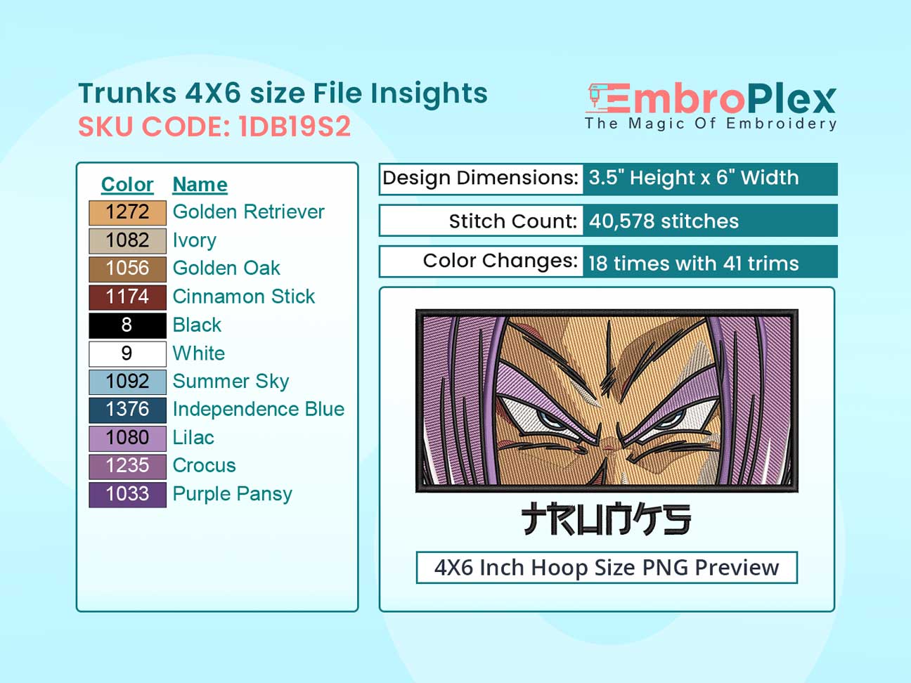 Anime-Inspired Trunks Embroidery Design File - 4x6 Inch hoop Size Variation overview image