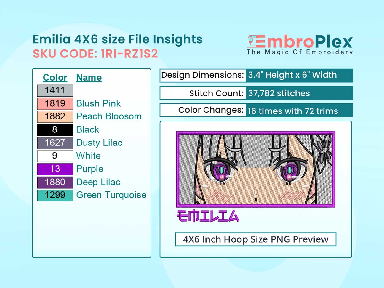 Anime-Inspired Emilia Embroidery Design File - 4x6 Inch hoop Size Variation overview image