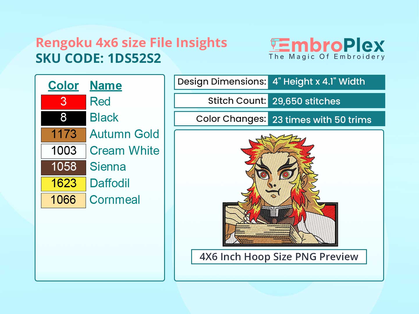 Anime-Inspired Rengoku Embroidery Design File - 4x6 Inch hoop Size Variation overview image