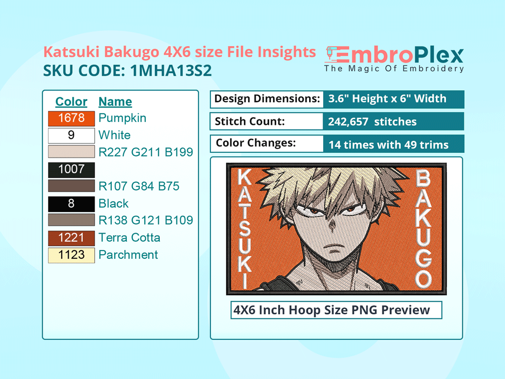 Anime-Inspired Katsuki Bakugo Embroidery Design File - 4x6 Inch hoop Size Variation overview image