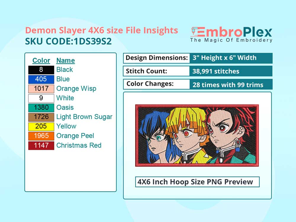 Anime-Inspired Demon Slayer Embroidery Design File - 4x6 Inch hoop Size Variation overview image