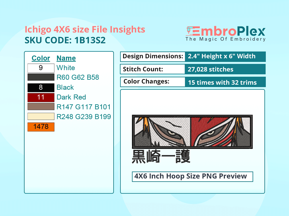 Anime-Inspired Ichigo Kurosaki Embroidery Design File - 4x6 Inch hoop Size Variation overview image