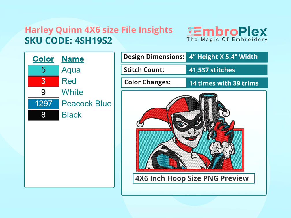 Super Hero-Inspired  Harley Quinn Embroidery Design File - 4x6 Inch hoop Size Variation overview image