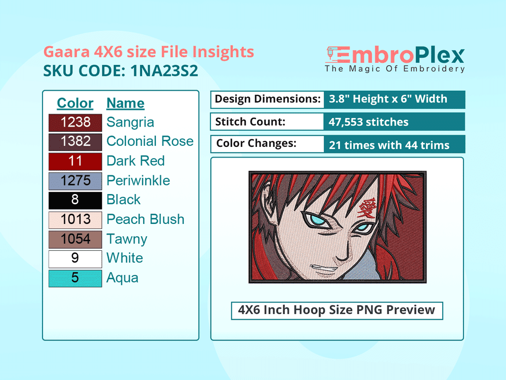 Anime-Inspired Gaara Embroidery Design File - 4x6 Inch hoop Size Variation overview image