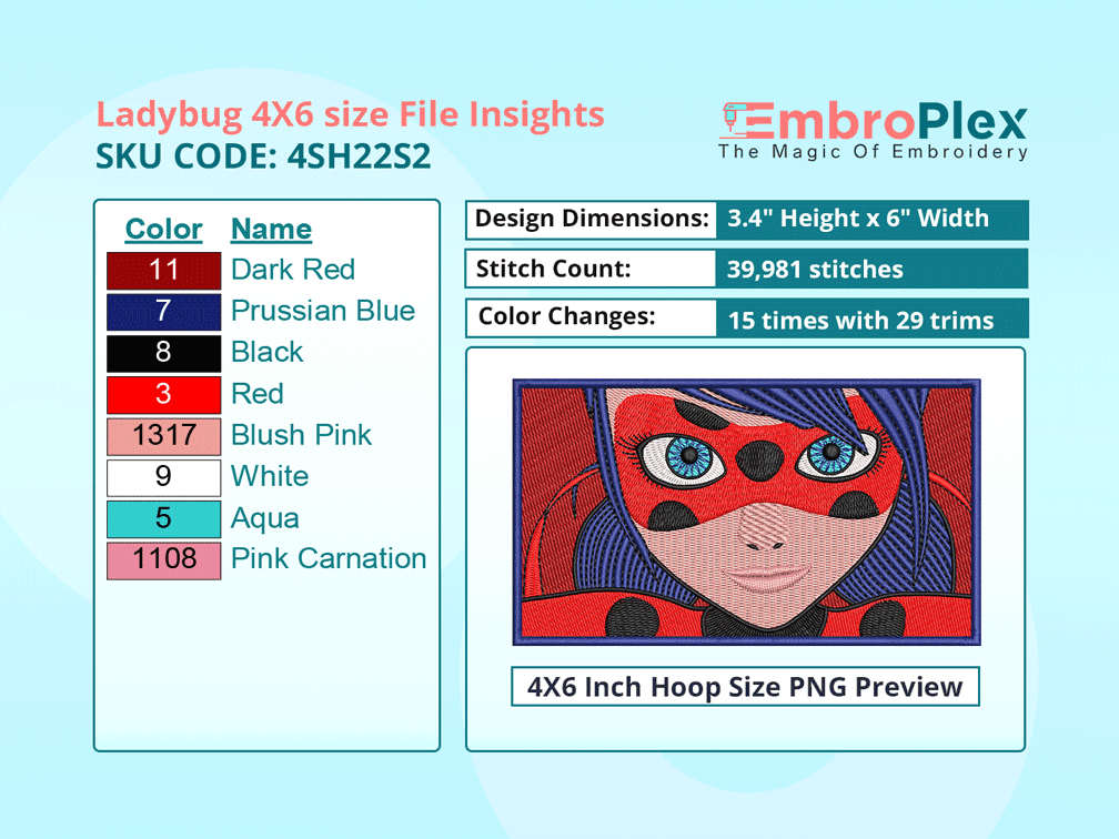 Super Hero-Inspired  Miraculous Ladybug Embroidery Design File - 4x6 Inch hoop Size Variation overview image